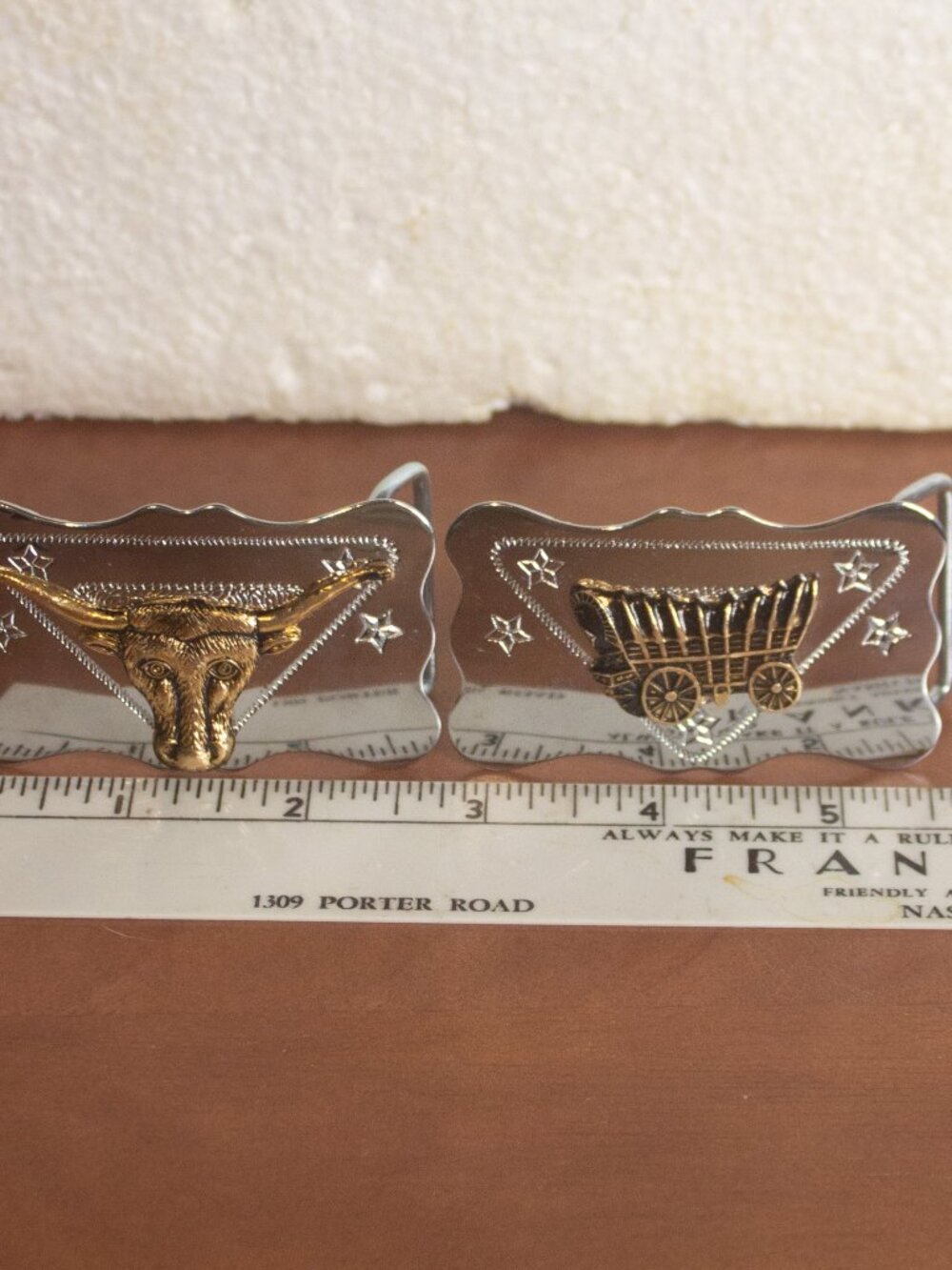 Pair of Small Western Belt Buckles Longhorn & Covered Wagon 2.25” Tex Tan Box